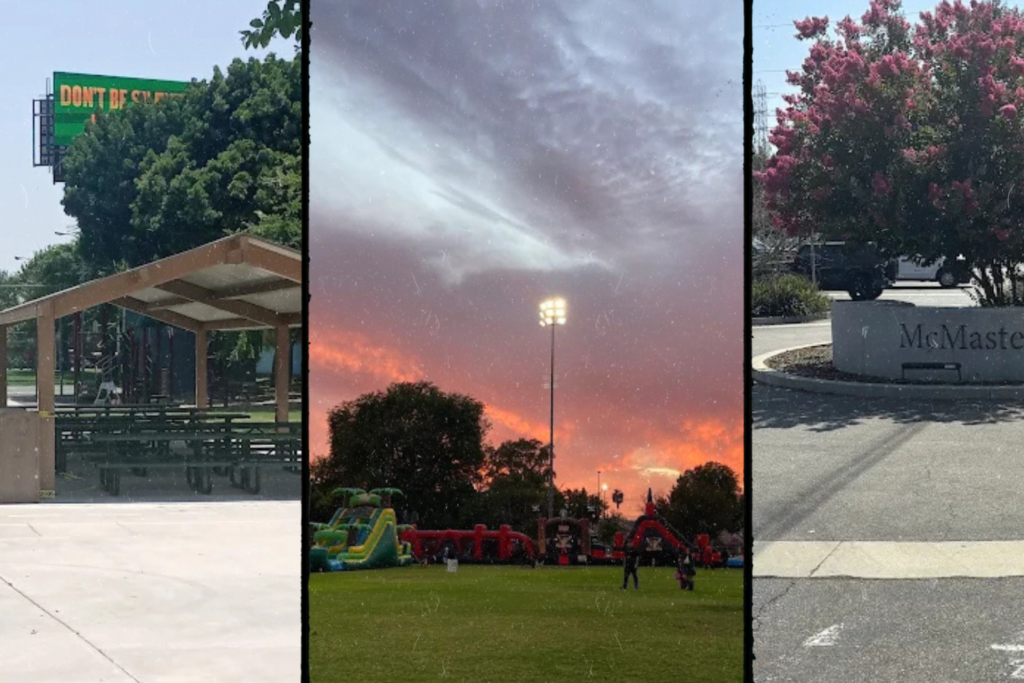 Beautiful green park landscape near artesia california with walking paths and playground